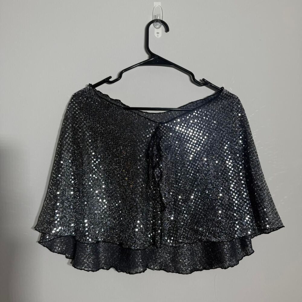 Y2K Black Silver Sequin Cape with tie detail Versatile Party Festival Accessory - Picture 2 of 8